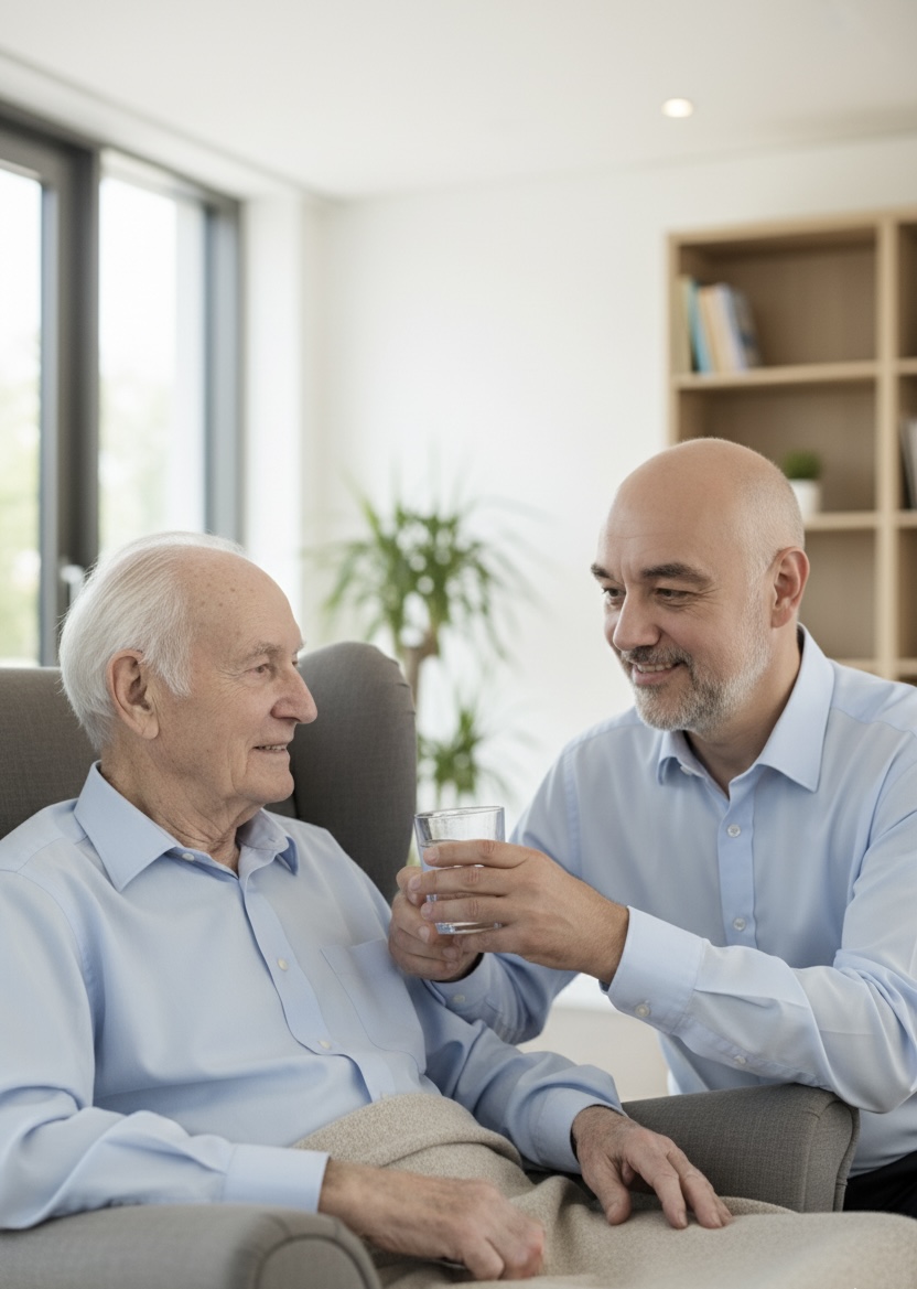 Ralf Keller reicht einem Senior ein Glas Wasser – zu Hause, in ruhiger Atmosphäre.